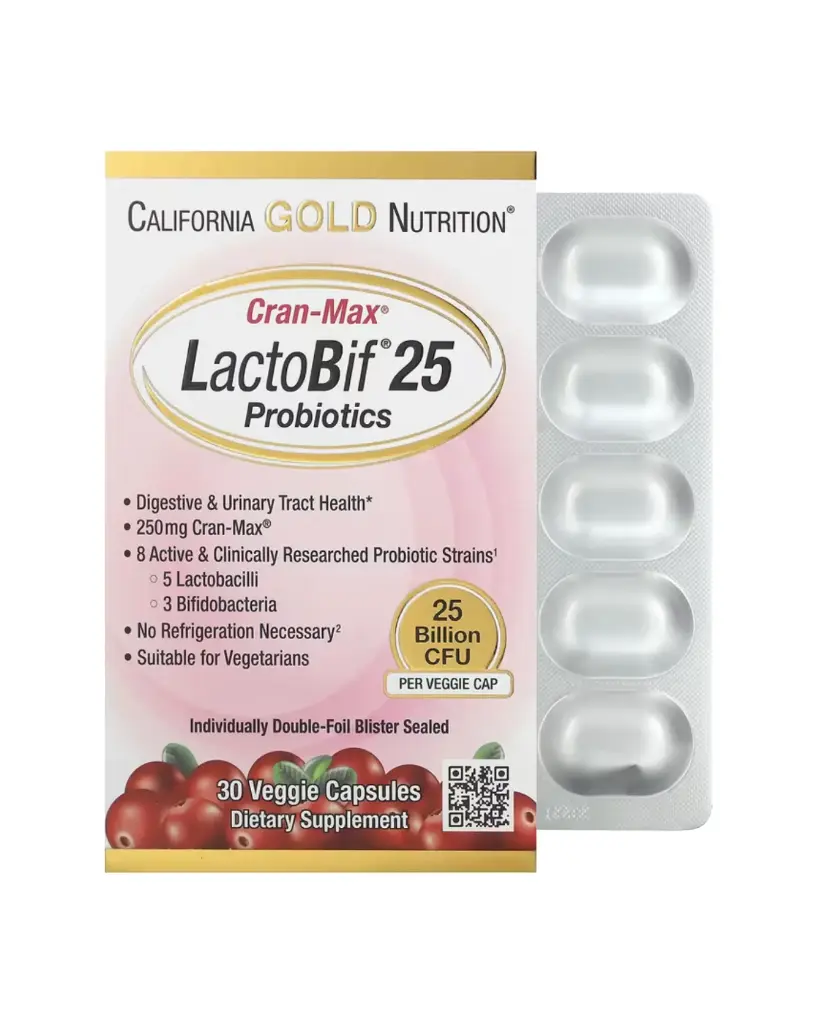 California Gold Nutrition, Suplemento probiótico con Lactobif con 25.000 millones de UFC y Cranmax, 30 cápsulas vegetales