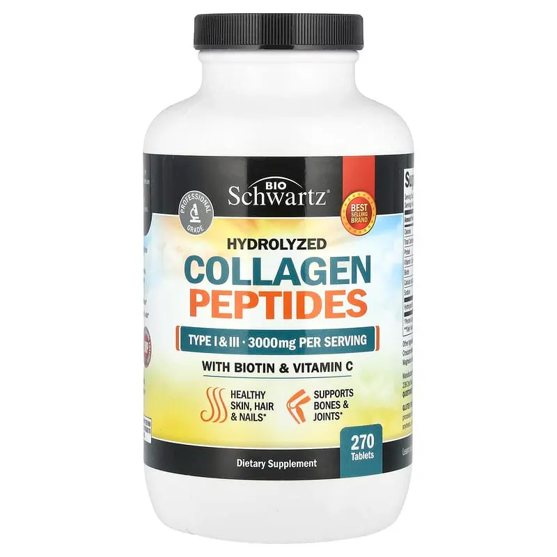 BioSchwartz, Péptidos de colágeno hidrolizado con biotina y vitamina C, 270 comprimidos