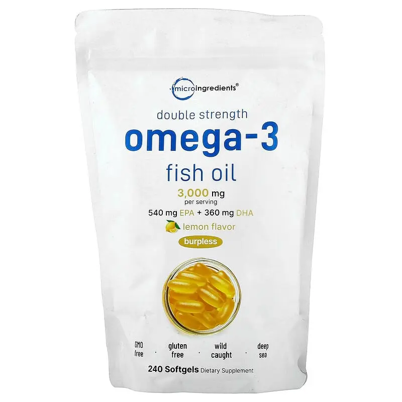 Micro Ingredients, Doble concentración, Aceite de pescado con omega-3 Limón, 240 cápsulas blandas (1000 mg por cápsula blanda)
