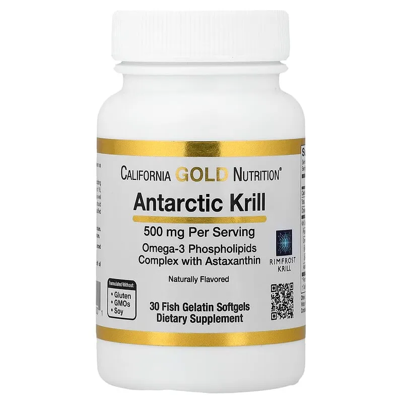 California Gold Nutrition, Aceite de kril antártico, Complejo de fosfolípidos de omega-3 con EPA, DHA y astaxantina, Sabor natural a fresa y limón, 500 mg, 30 cápsulas blandas de gelatina de pescado
