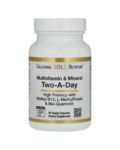 [A0068] California Gold Nutrition, Suplemento multivitamínico y mineral, Dos veces por día, 60 cápsulas vegetales