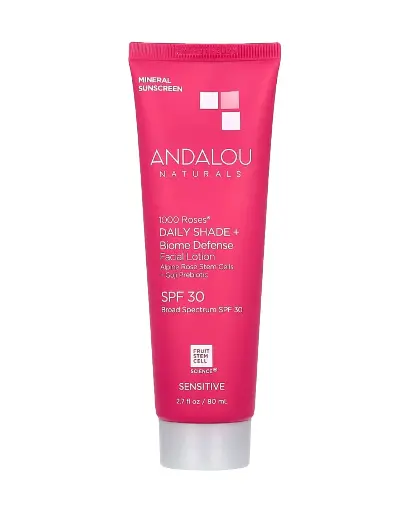 [A0255] Andalou Naturals, 1000 rosas, Protector solar facial más defensa del bioma, FPS 30, 80 ml (2,7 oz. líq.)