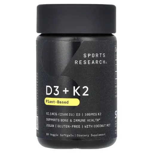 [A0320] Sports Research, Vitaminas D3 y K2, De origen vegetal, 62,5 mcg/100 mcg, 60 cápsulas blandas vegetales