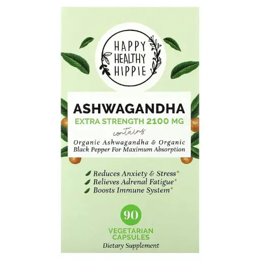 [A0349] Happy Healthy Hippie, Ashwagandha, Concentración extra, 2100 mg, 90 cápsulas vegetales