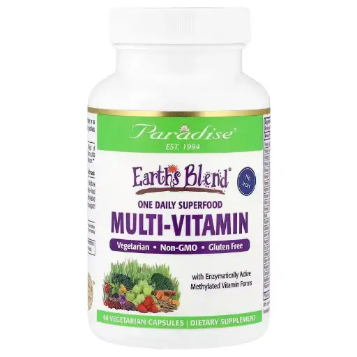[A0374] Paradise Herbs, Earth's Blend, Un superalimento multivitamínico diario, Sin hierro, 60 cápsulas vegetales