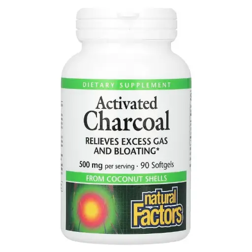 [A0398] Natural Factors, Carbón vegetal activado, 90 cápsulas blandas (250 mg por cápsula blanda)